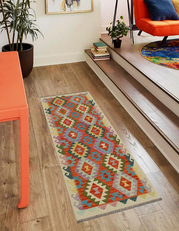 Flat Weave Kilim, Antique, Navaho, Vintage, Handmade, Geometric Kilim Rust Beige Hand-Woven Runner 100% Wool Area Rug 3 x 6